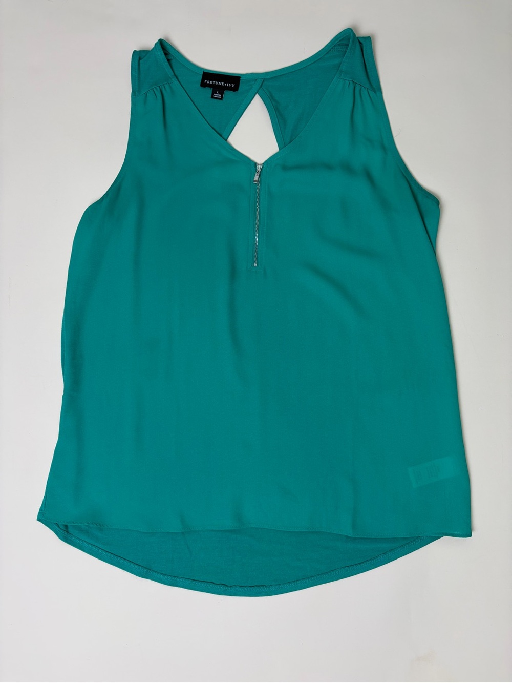Fortune + Ivy Teal Zip Front Keyhole Sleeveless Blouse Large